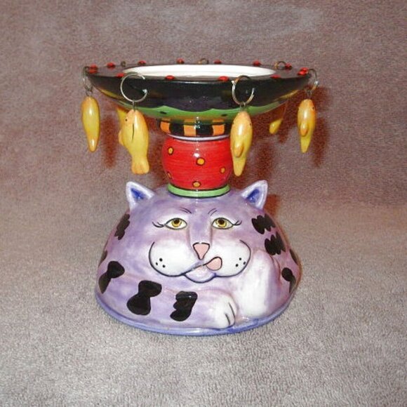 Vtg Redwine Crazy For Cats Ceramic Candle Holder Whimsical Display Decor Fish - Picture 1 of 9